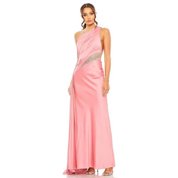 Ieena For Mac Duggal One Shoulder Embellished Satin Gown Pink Women's Size 8 NWT - Picture 1 of 12